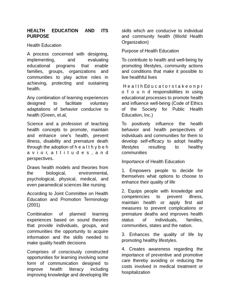 Purpose and Importance of Health Education | PDF | Nursing | Self ...