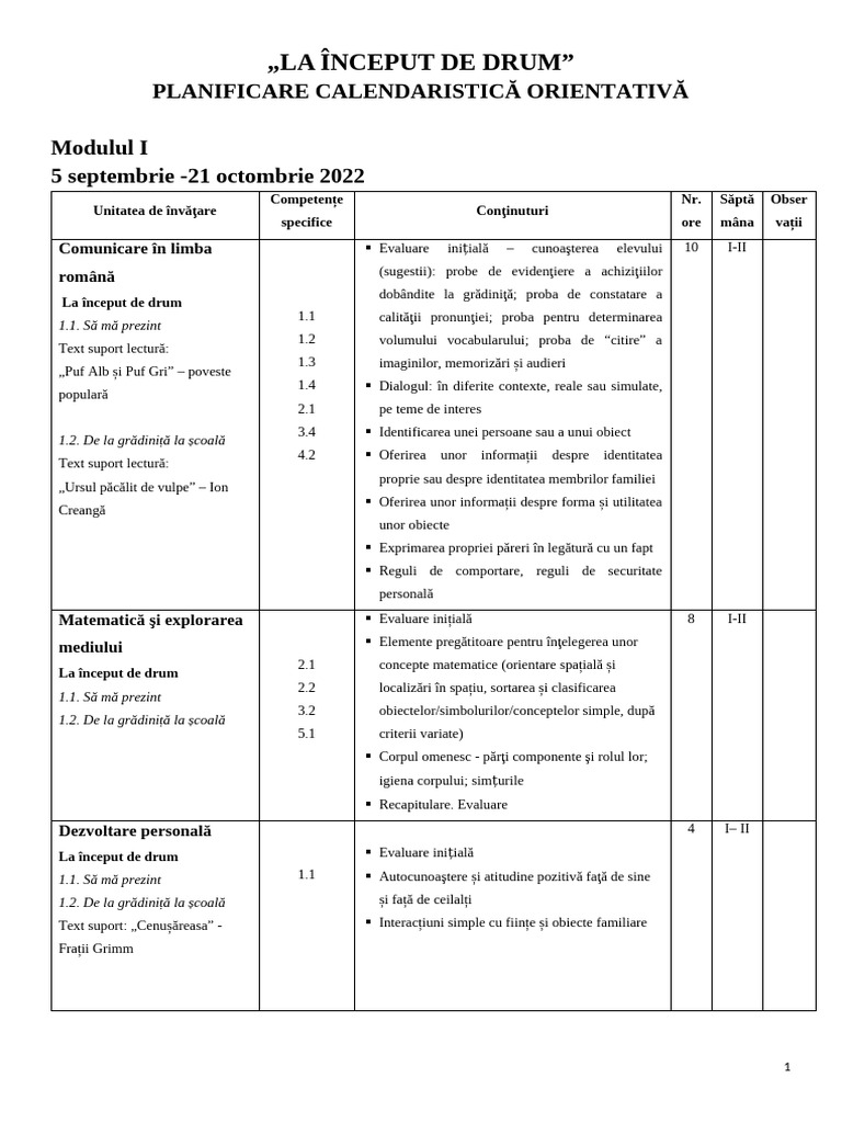 PLANIFICARE PE UNITATI DE INVATARE CLASA PREGATITOARE Modulele 1 5 2022 ...