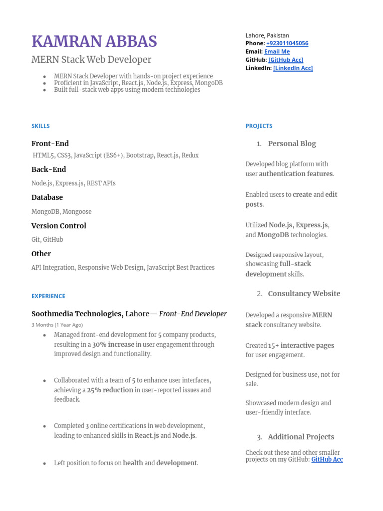 MERN Stack Developer Resume Summary | PDF | Java Script | Business