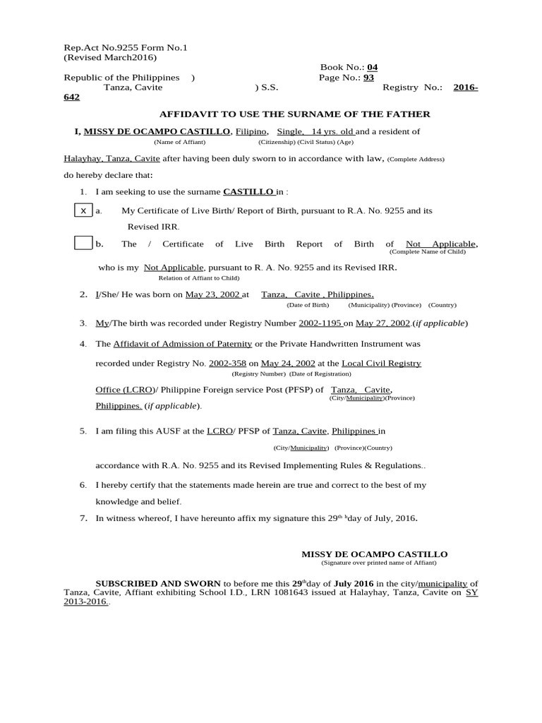 Affidavit to Use Father's Surname | PDF | Affidavit | Social Science