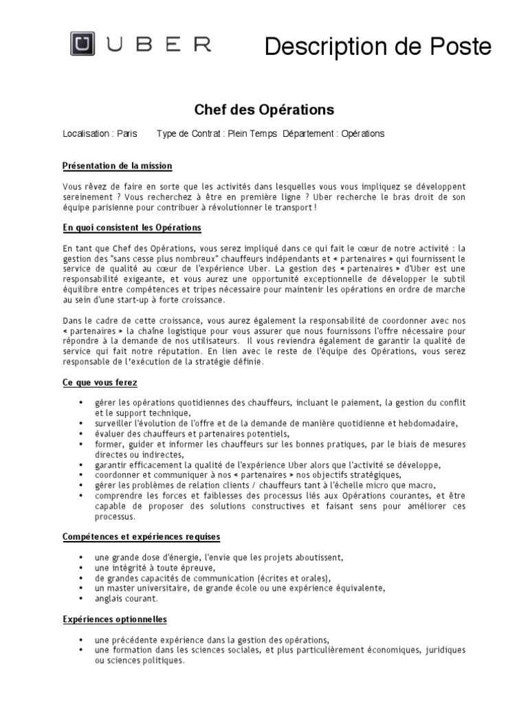 Fiche de poste  Chef des Opérations  Uber (Société)  Paris