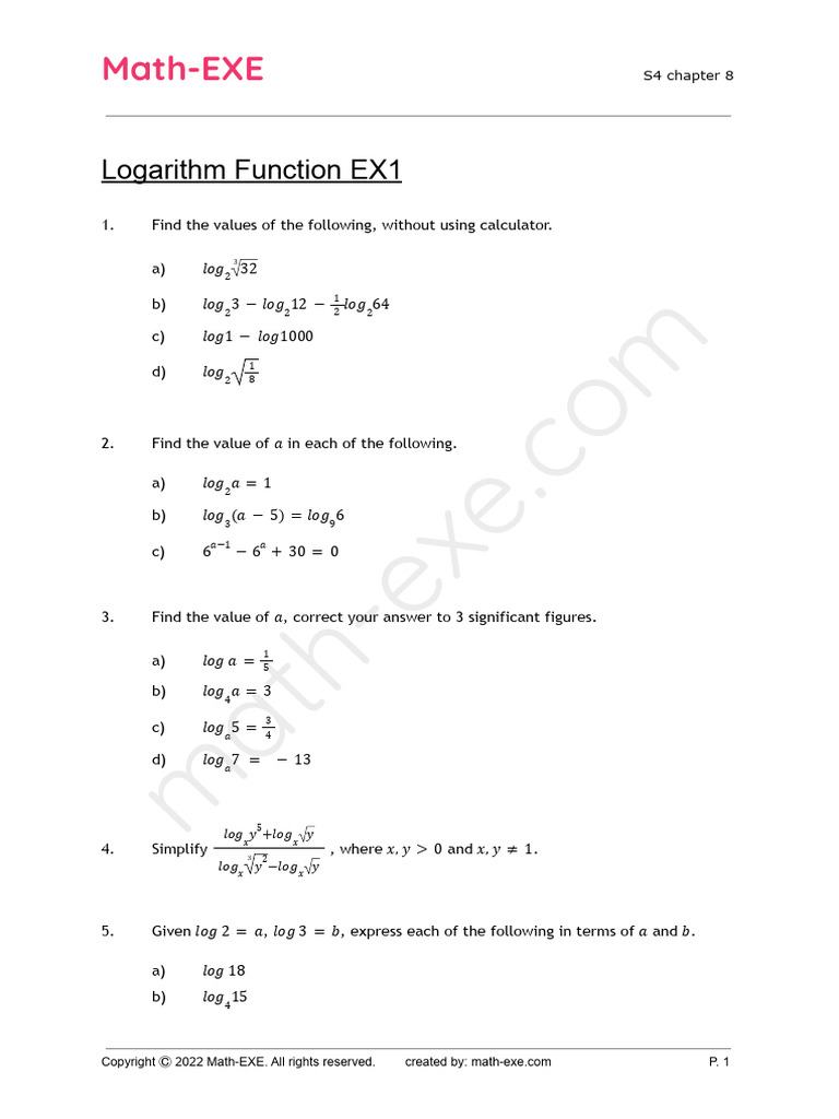 s4 ch8 Logarithm Function Ex1 Eng | PDF