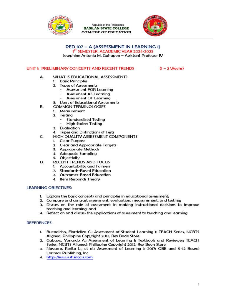 Ped 107 A Unit 1 | PDF | Educational Assessment | Standardized Tests