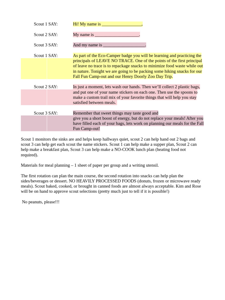 Snack and Meal Planning Group Script | PDF