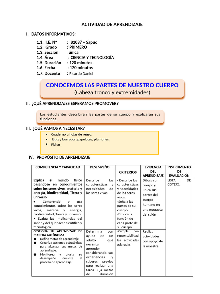 D2 A2 SESION CT. CONOCEMOS LAS PARTES DE NUESTRO CUERPO | PDF