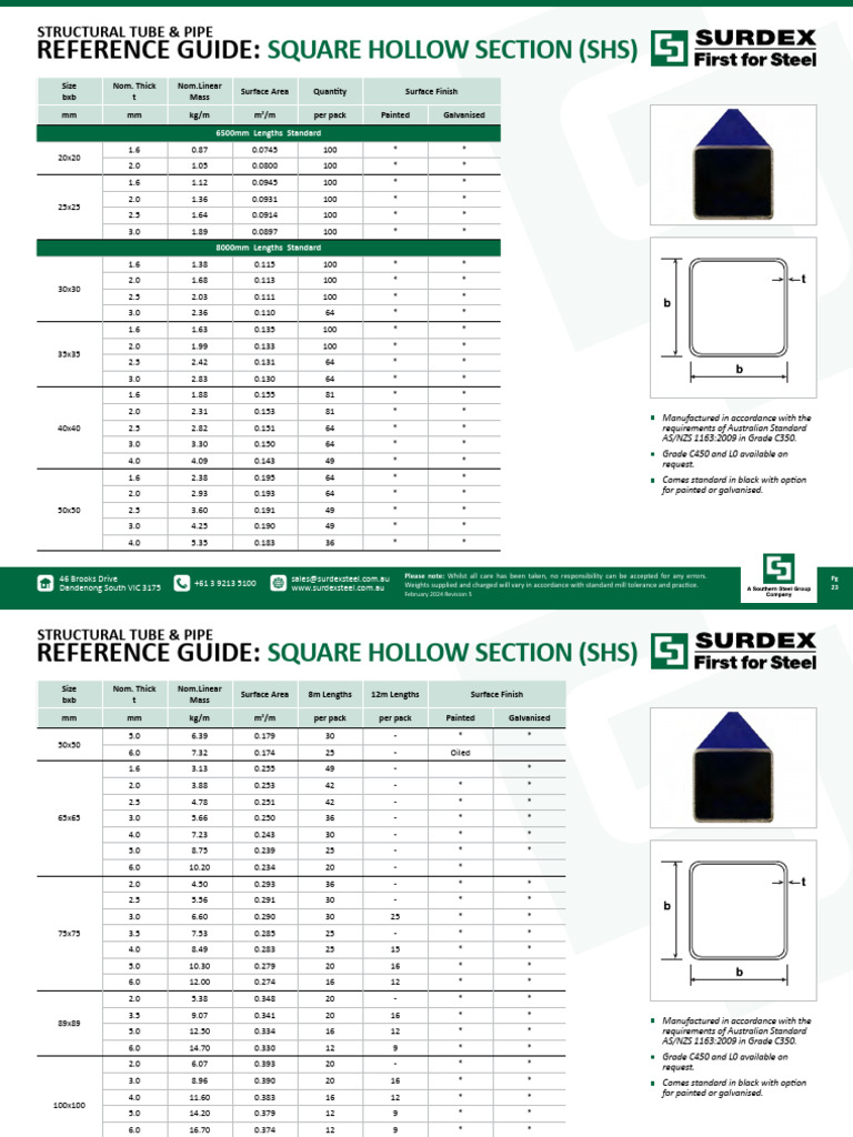 Surdex Steel Structural Tube Pipe Reference Guide SHS | PDF