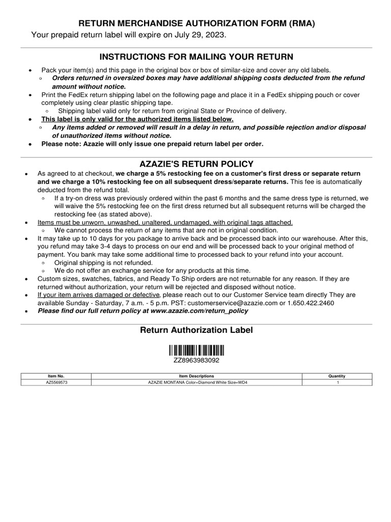 Return Form+shipping Label - ZZ8963983092 - Azazie | PDF