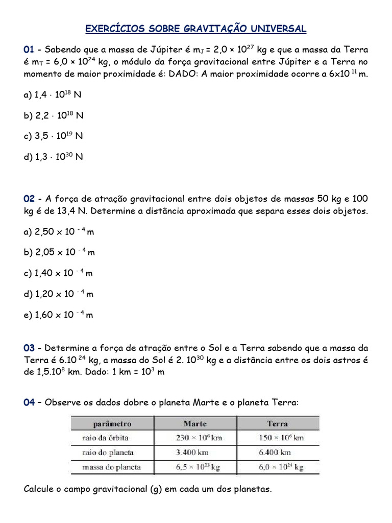 EXERCÍCIOS SOBRE GRAVITAÇÃO UNIVERSAL | PDF