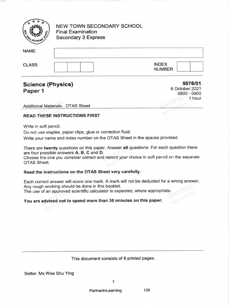 New Town Secondary Combined Physics Sec 3 EOY 2021 | PDF