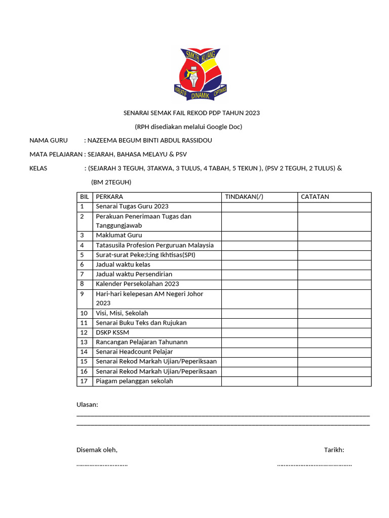 Senarai Semak Fail Rekod PDP Tahun 2023 | PDF