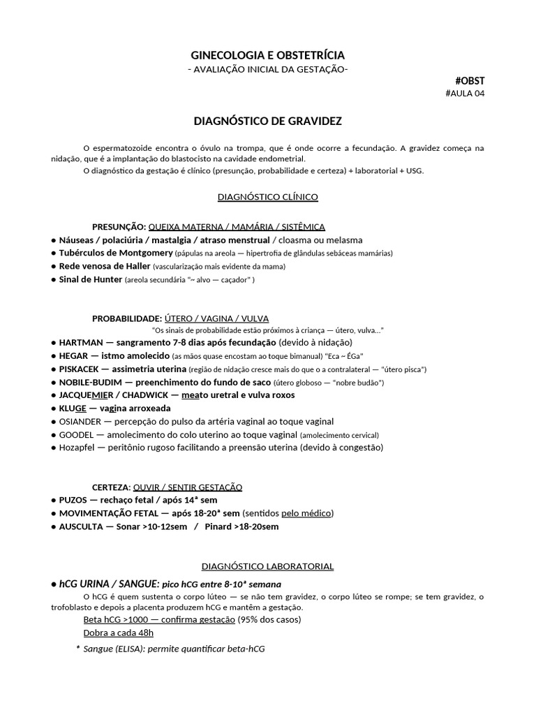 Obstetrícia 04 - Avaliação Inicial Da Gestação | PDF