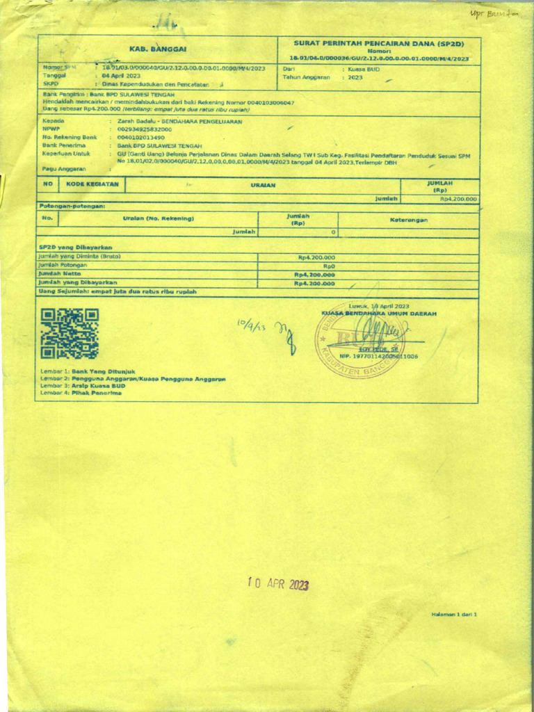 SP2D Nomor 000036 GU. 10 APR UPT BUNTA | PDF