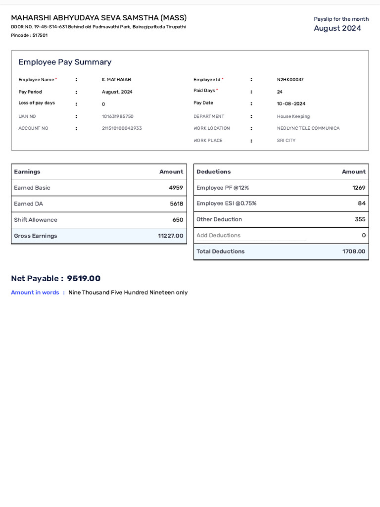 Neolync Salary Summary for August 2024 | PDF