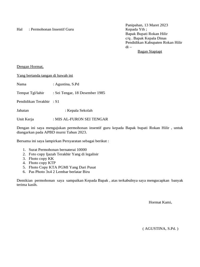 Contoh Pengajuan Insentif Bagi Guru | PDF