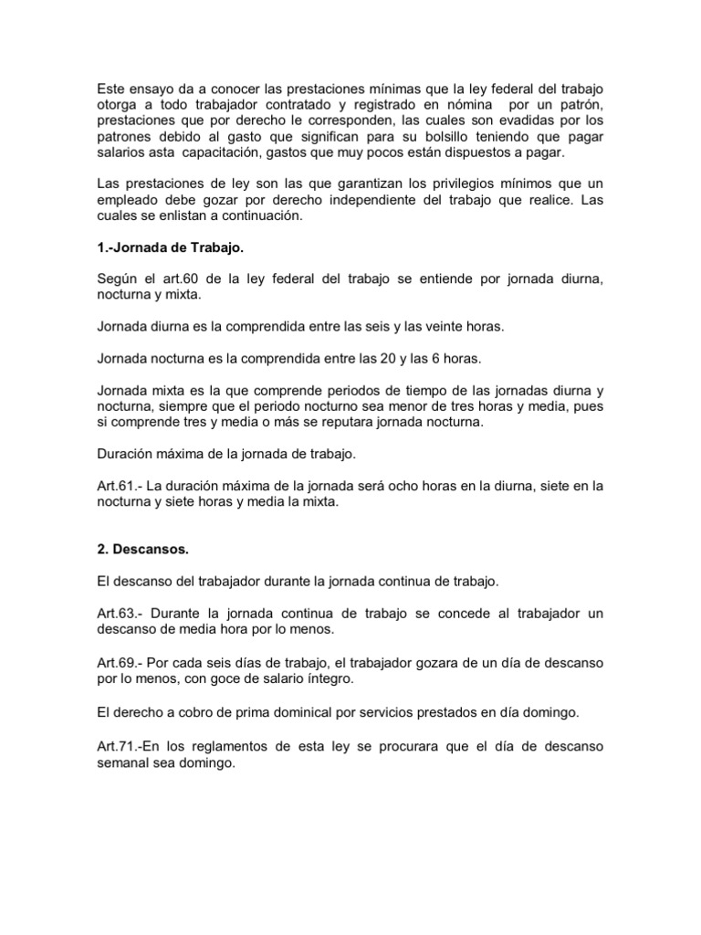 Prestaciones Minimas De La Ley Federal Del Trabajo Ley