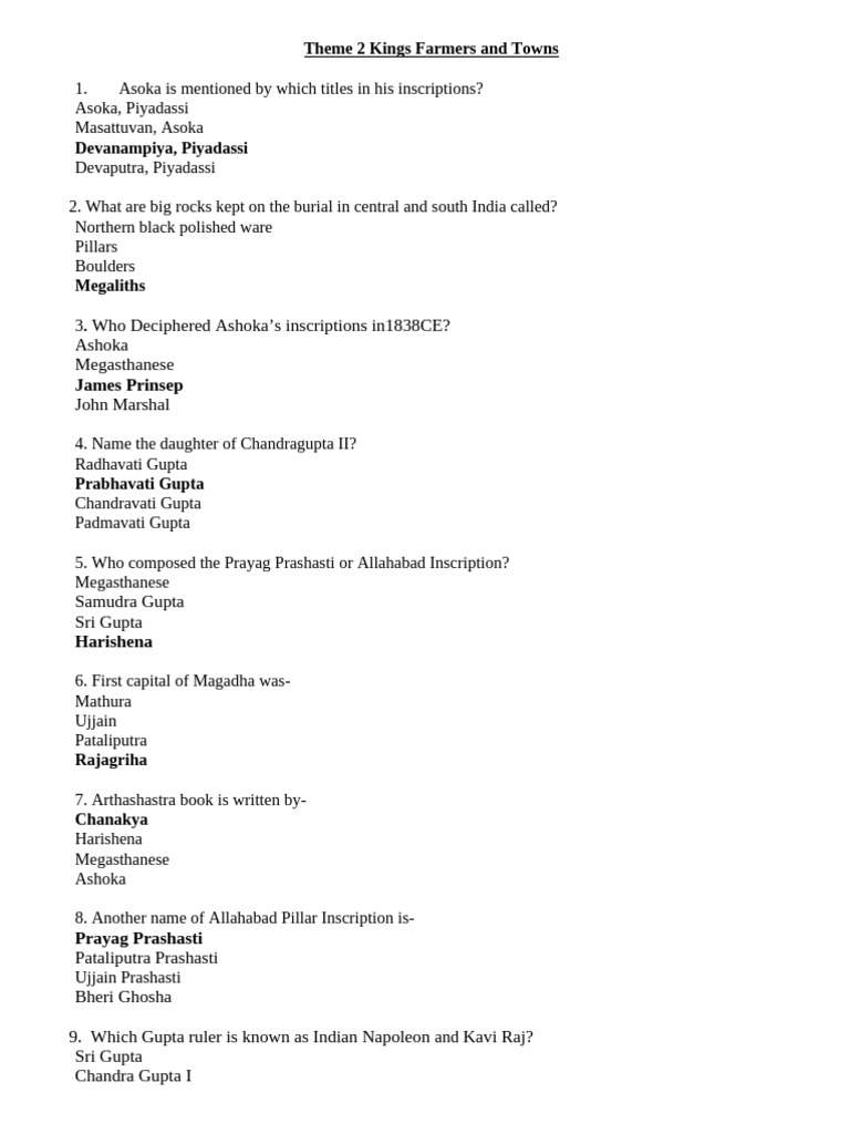 Class 12 ch 2 kings farmers and towns mcq quiz pdf