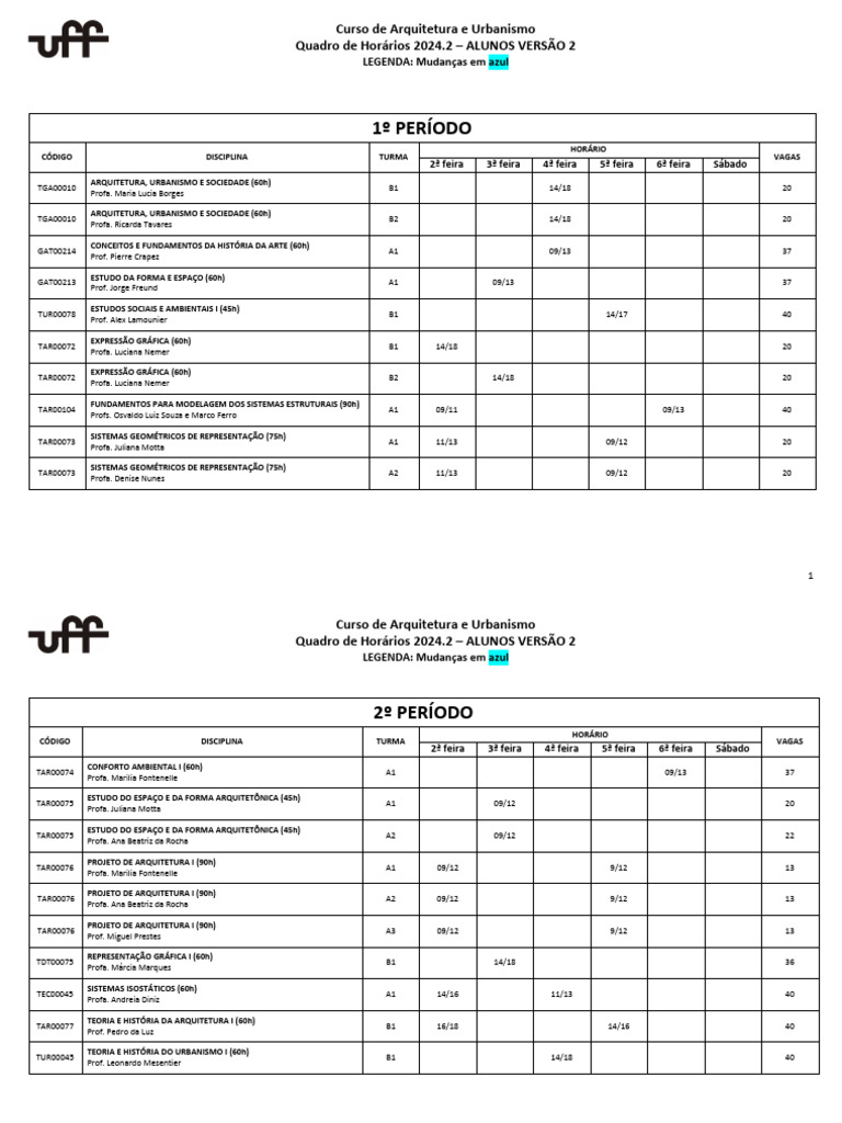Quadro de Horários 2024.2 - Versão Alunos 2 | PDF