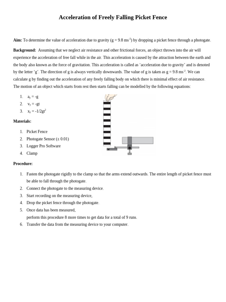Acceleration of Freely Falling Picket Fence | PDF