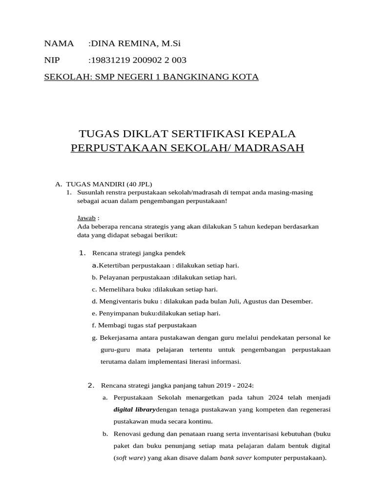 Tugas Diklat Sertifikasi Kepala Perpustakaan Sekolah Pdf