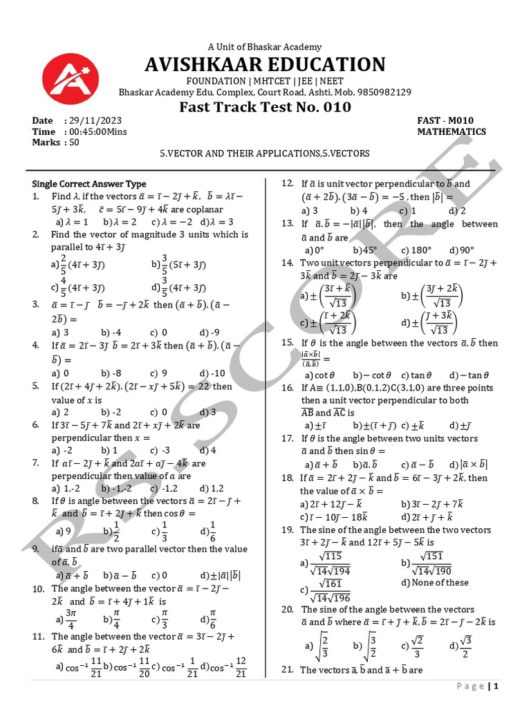 Fast Track Mathematics Test on Vectors | PDF | Mathematical Objects ...