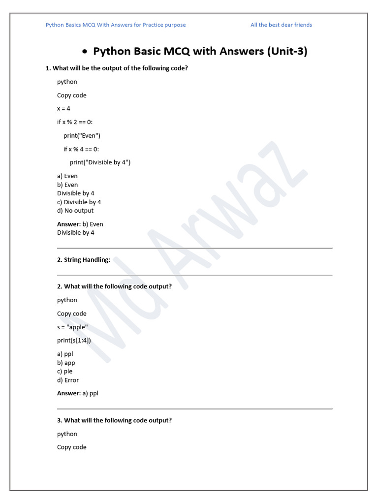 Unit-3 Python Basics MCQ With Answers | PDF
