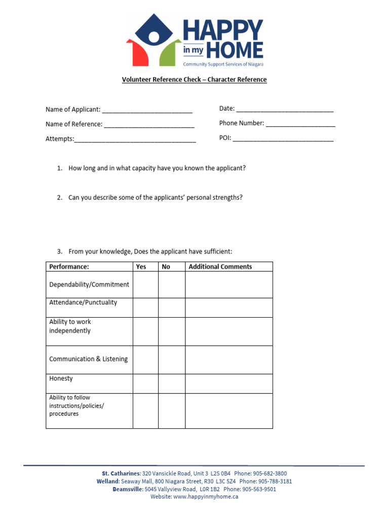 Volunteer Character Reference Form, Filliable (Current 2024) | PDF