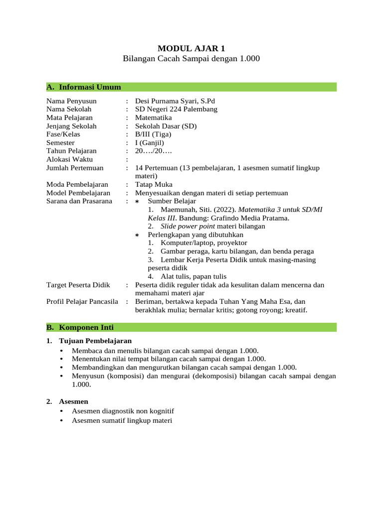 Modul Ajar Matematika Bab 1 Fase B.3A | PDF