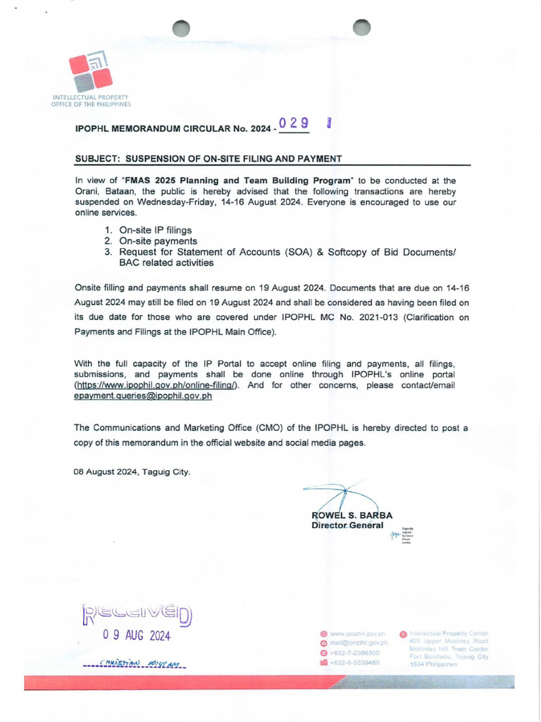 Ipophl Memorandum Circular No. 2024-029, Suspension of On-Site Filing ...