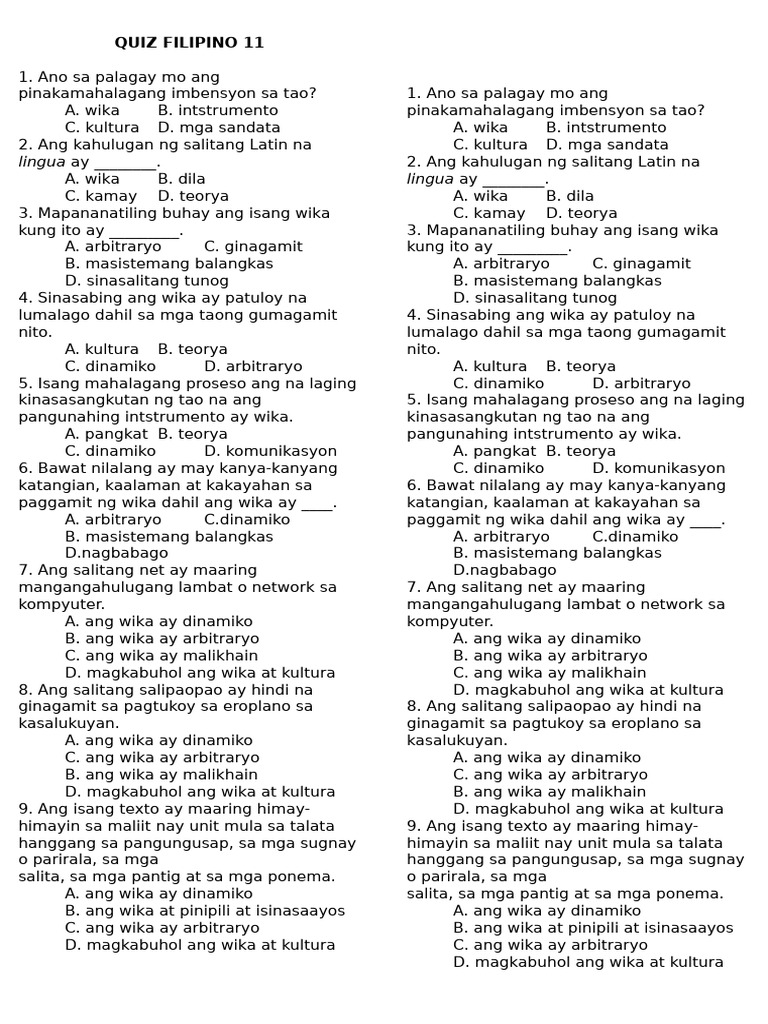Quiz Filipino 11 | PDF