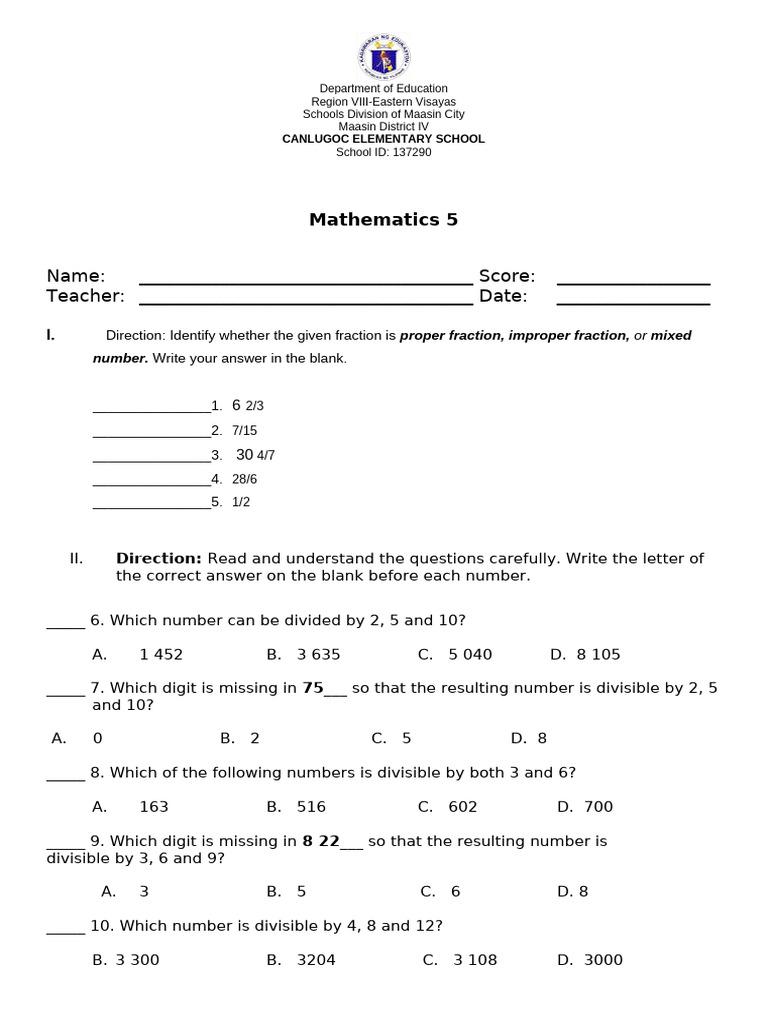 PT - Math 5 - Q1 | PDF