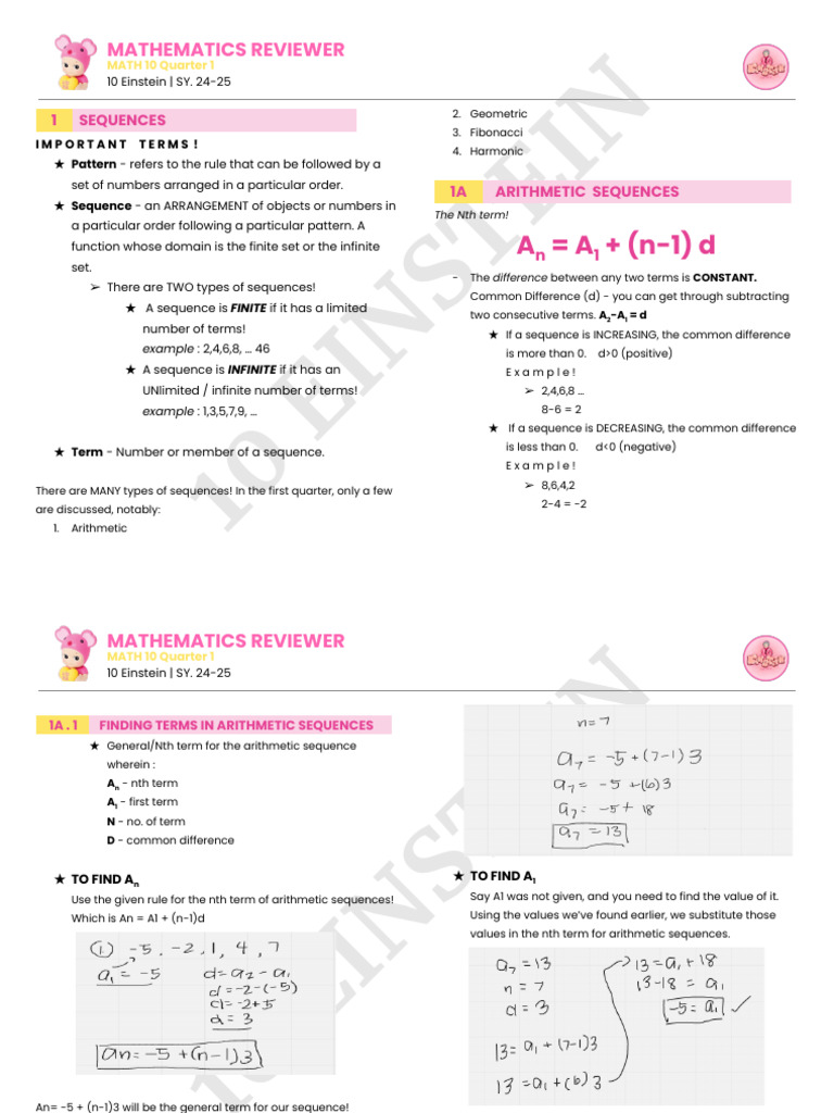Mathematics Reviewer G10 Q1 24-25 | PDF | Sequence | Numbers