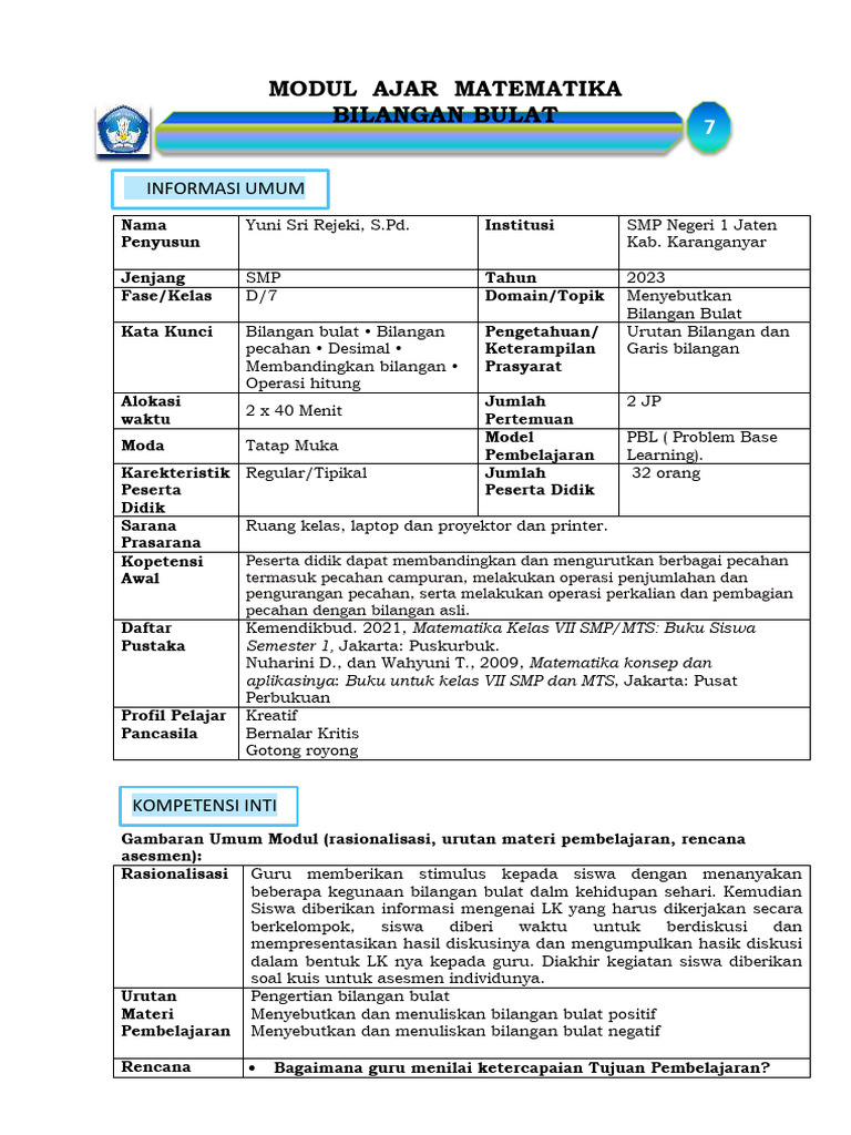 Modul Ajar Matematika Modul Matematika Bilangan Bulat Dan Pecahan