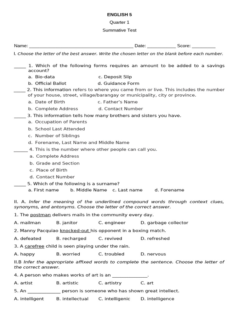 Grade 5 Summative Test In English Pdf