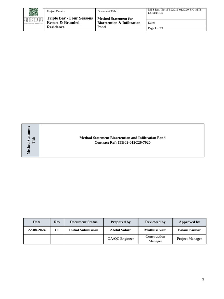 Method Statement For Bioretention Pond & Infiltration Pond | PDF