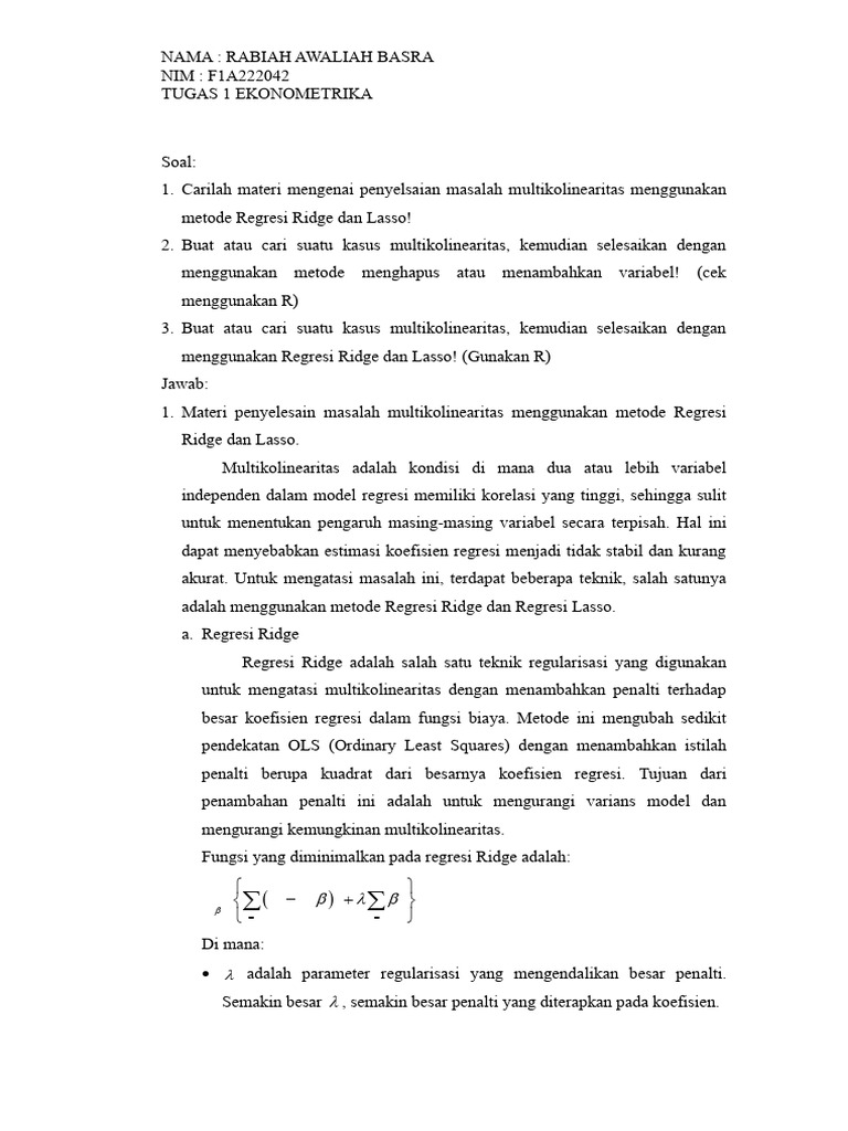 TGS1 - Ekonometrika - Rabiah Awaliah Basra - F1a222042 | PDF
