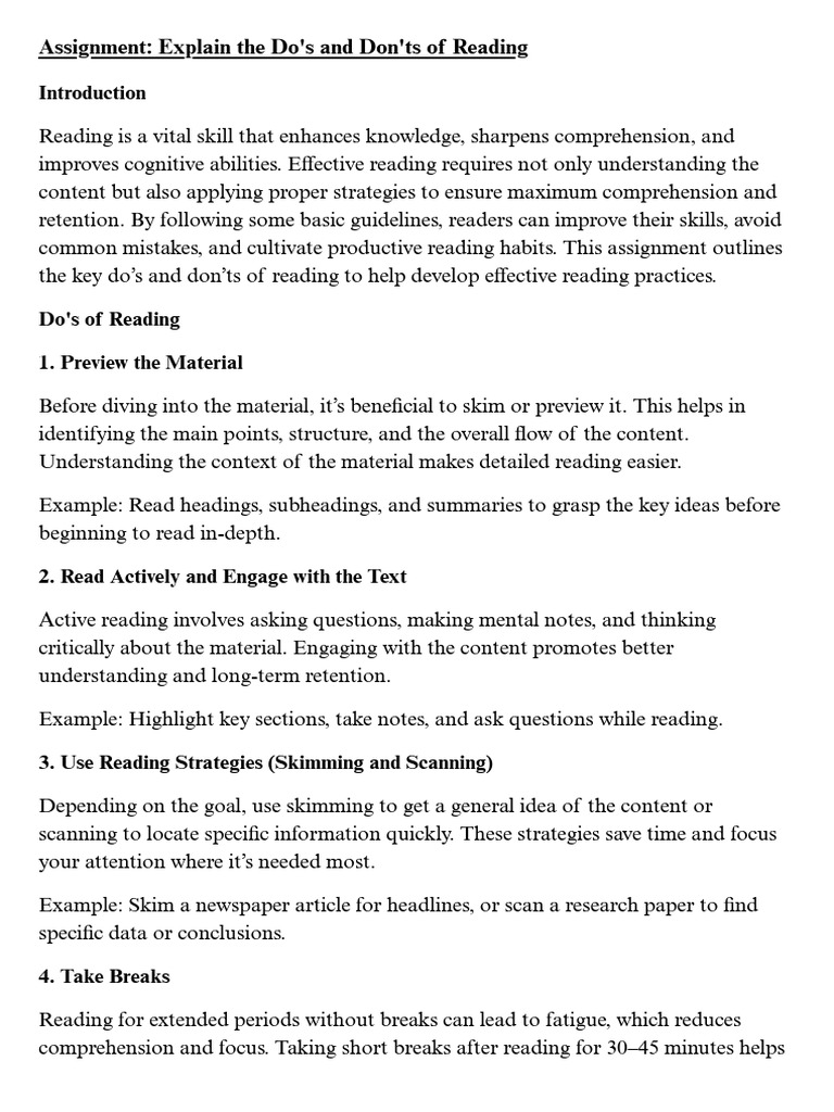 Assignment Explain The Do's and Don'ts of Reading | PDF