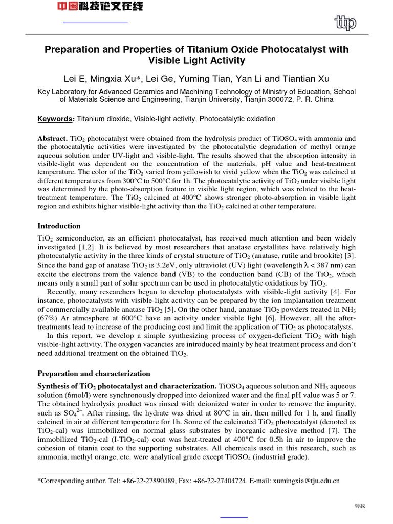 Preparation and Properties of Titanium Oxide Photocatalyst With Visible ...