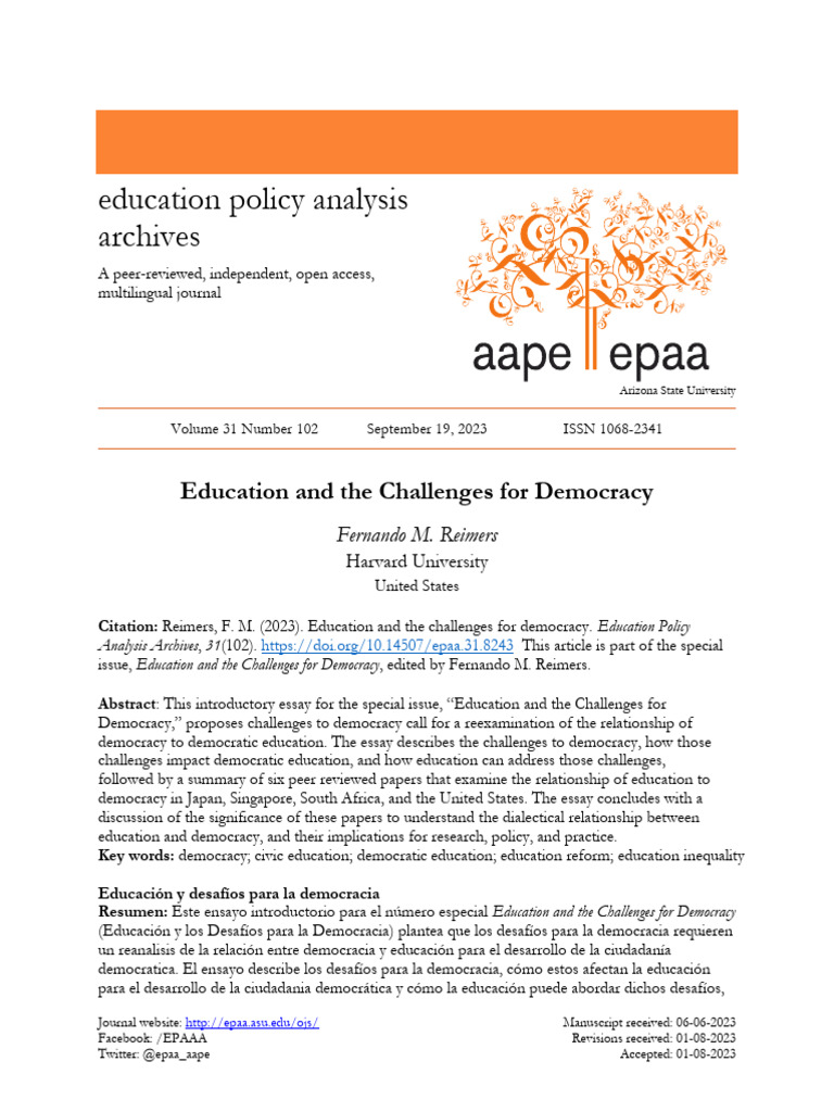Education and The Challenges For Democracy | PDF