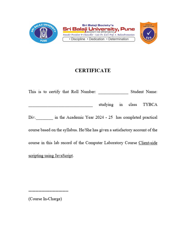 JavaScript Practical Course Certificate | PDF