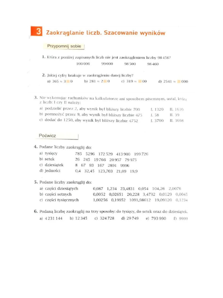 Klasa 7 Zaokr glanie Liczb Szacowanie Wynik w PDF