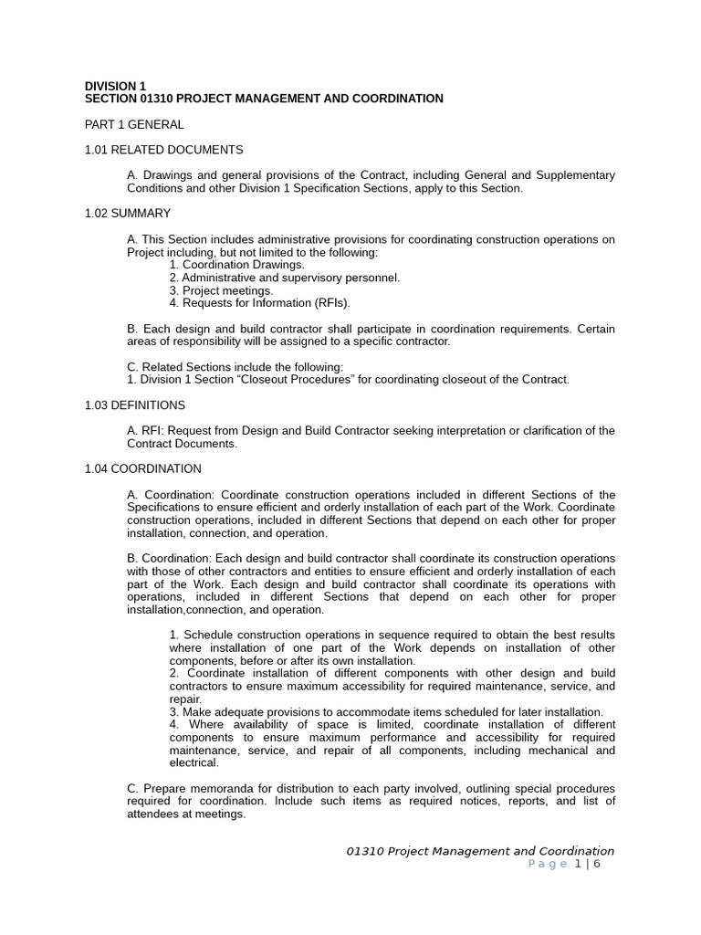 Div 1. Section 01310 Project Management and Coordination | PDF