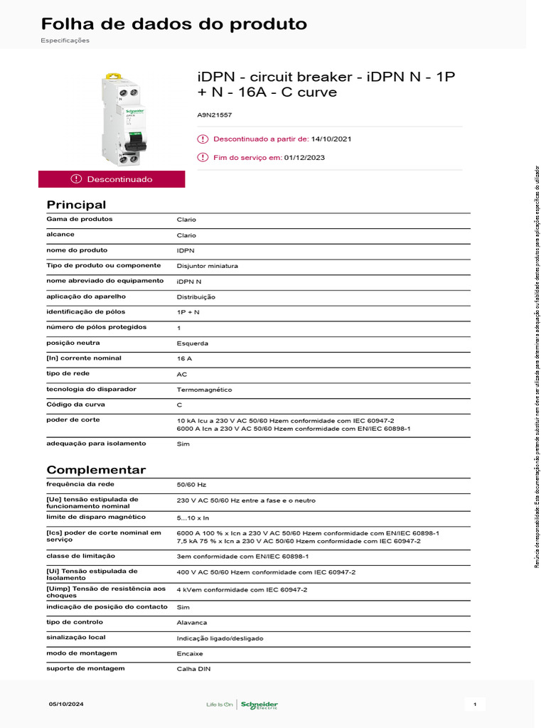 SE A9N21557 - Dijuntor 16A - Acti-9-iDPN | PDF