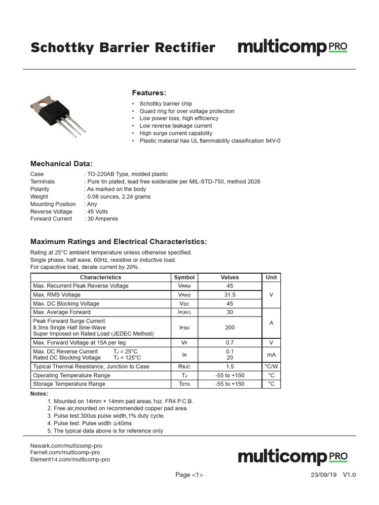 Schottky Barrier Rectifier: Features | PDF
