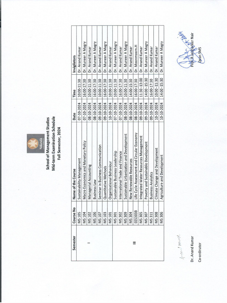Mid Semester Exam Schedule Fall 2024 | PDF