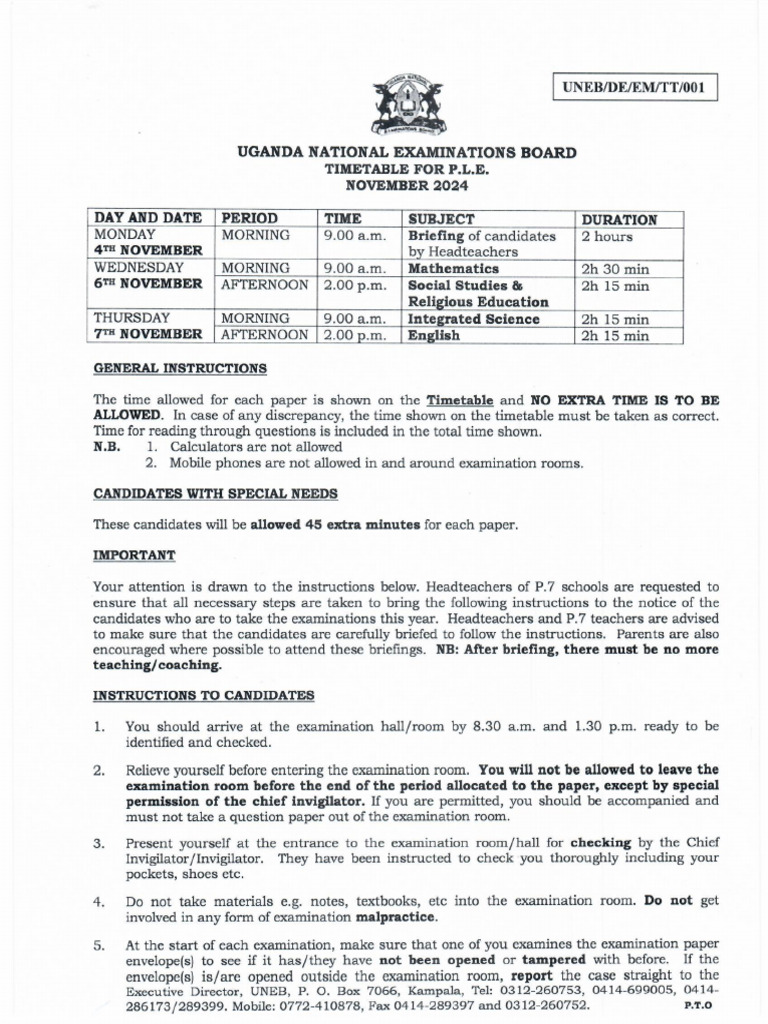 UGANDA PLE TIME TABLE 2025 visual data 2