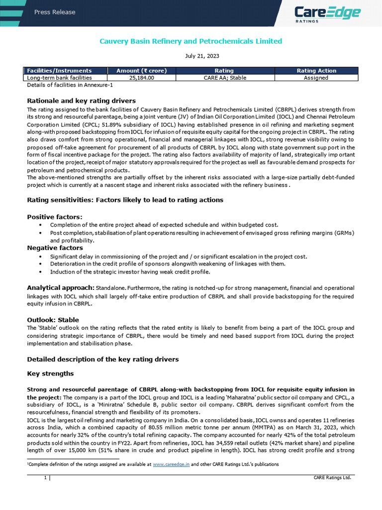 Cauvery Basin Refinery and Petrochemicals Limited | PDF