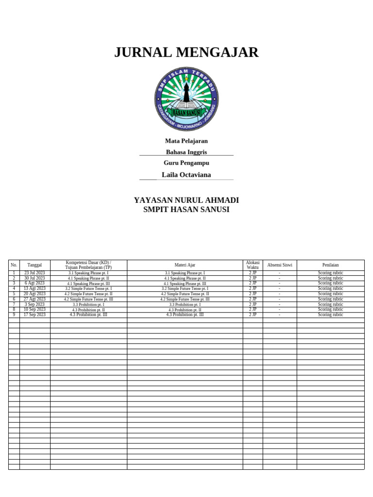 Jurnal Mengajar Guru SMP 8 | PDF