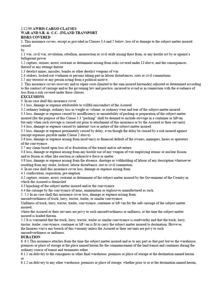 AWRIS Cargo Insurance Clauses Overview | PDF | Insurance | Business