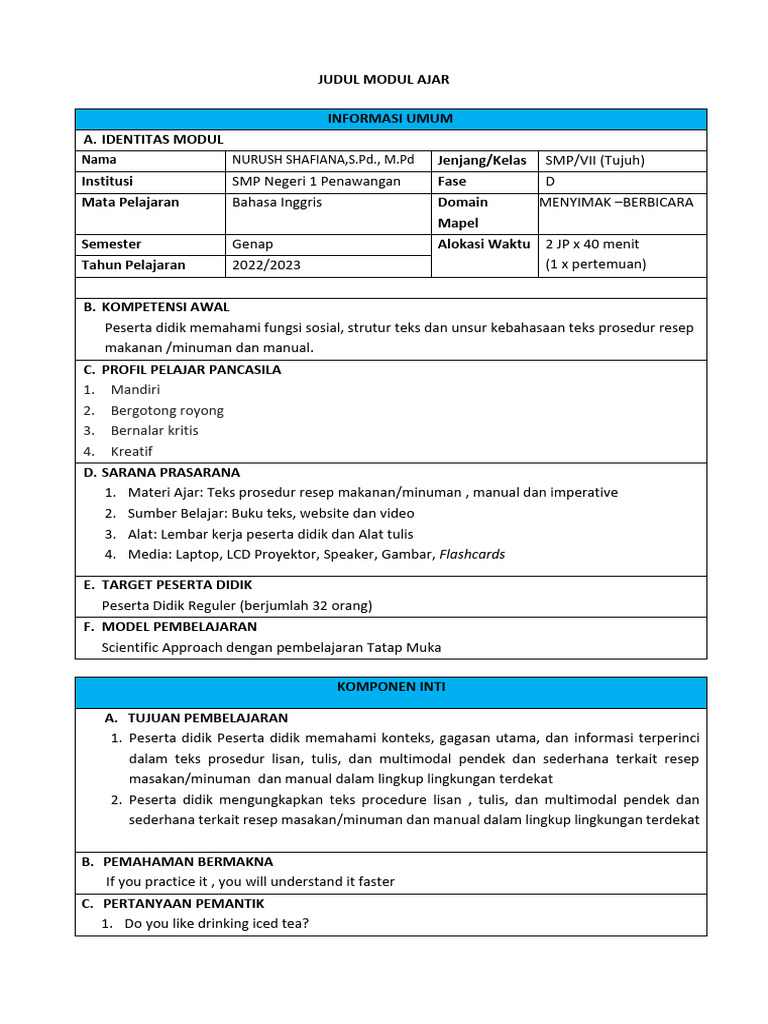 MODUL AJAR PROCEDURE TEXT KELAS 7 | PDF