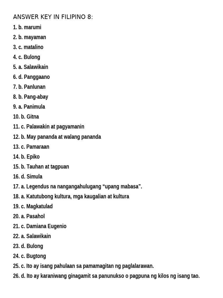 Answer Key in Filipino 8 | PDF